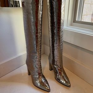 PARIS TEXAS Silver Metallic Reptile Print Knee-High Heeled Boots